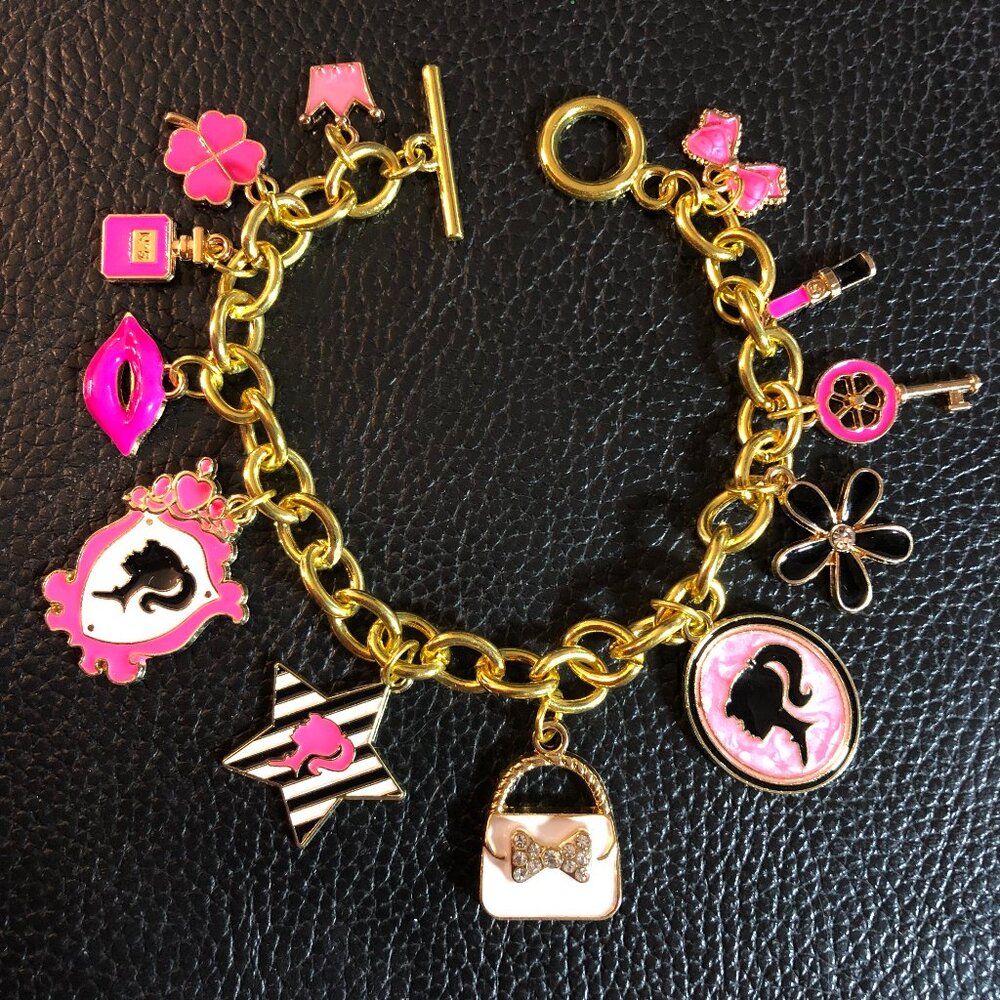 Gold Charm Bracelet Barbiecore Fashion Doll Cameo Makeup Perfume Rolo TOGGLE